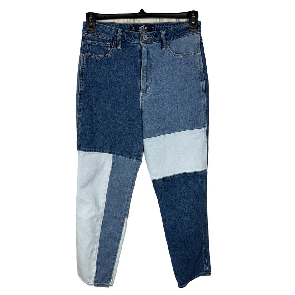 Hollister SZ 7R W28xL27 Mom Jeans Colorblock Zip-Fly Ultra Hi-Rise Pockets Blue